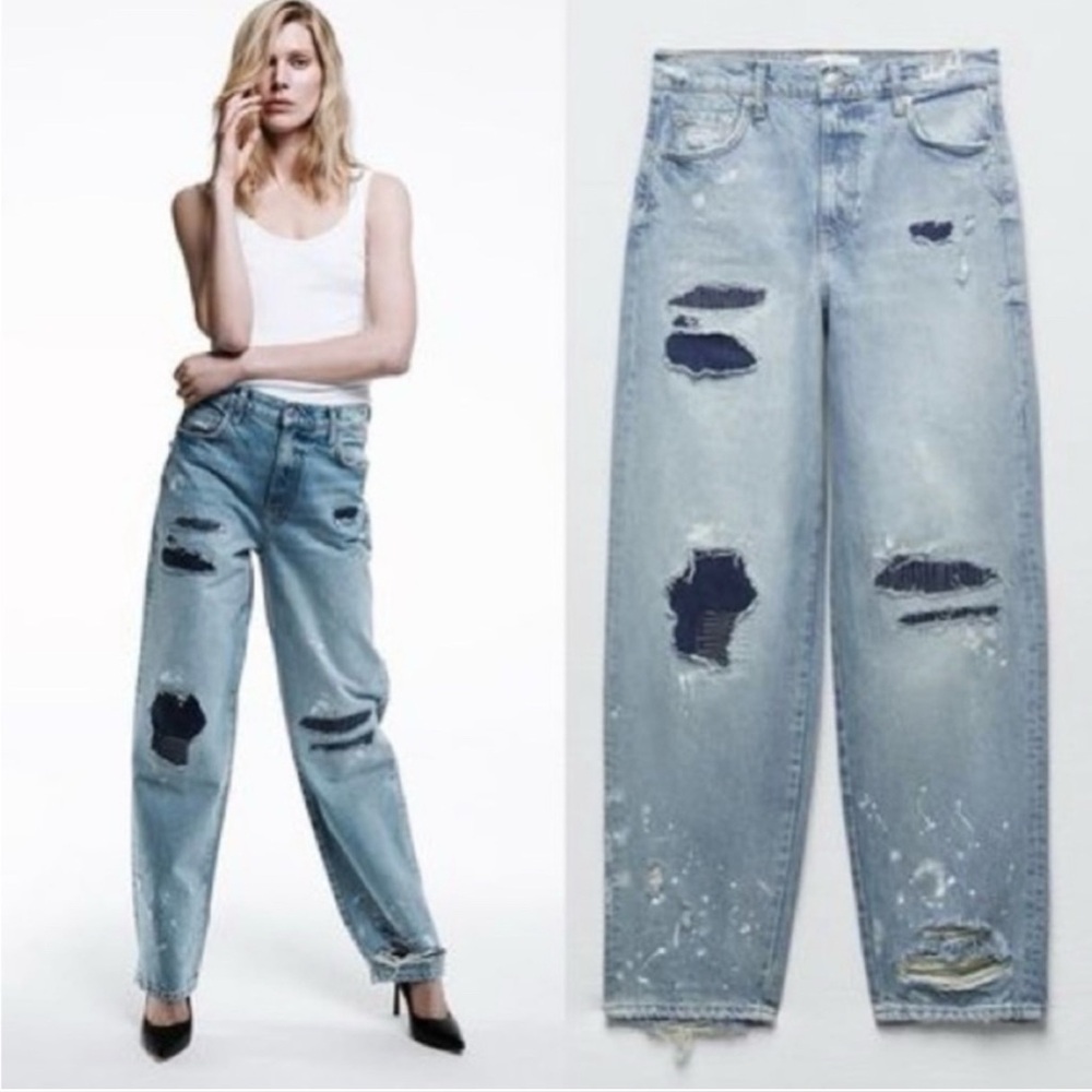 NWT ZARA DISTRESSED MID RISE PAINTER PANTS